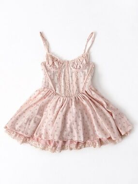 Coquette Cottagecore Floral Mini Dress Lace Bustier Pink Babydoll Bow Soft Girl